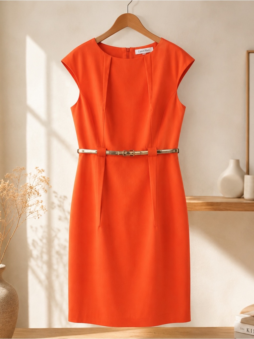 Calvin Klein Vibrant Orange Cap-Sleeve Sheath Dress with Gold Waist Belt - Picture 5 of 6
